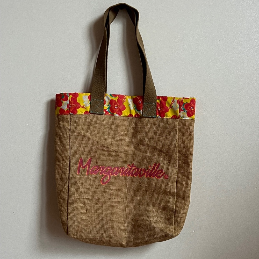 Margaritaville Tan Tote with Floral Trim in canvas and burlap utilitarian design